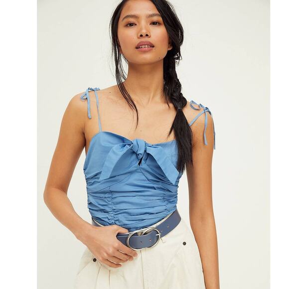 New Free People Swan Song Sweetheart Tank Top $68 SMALL Blue Tie Front - Picture 2 of 3
